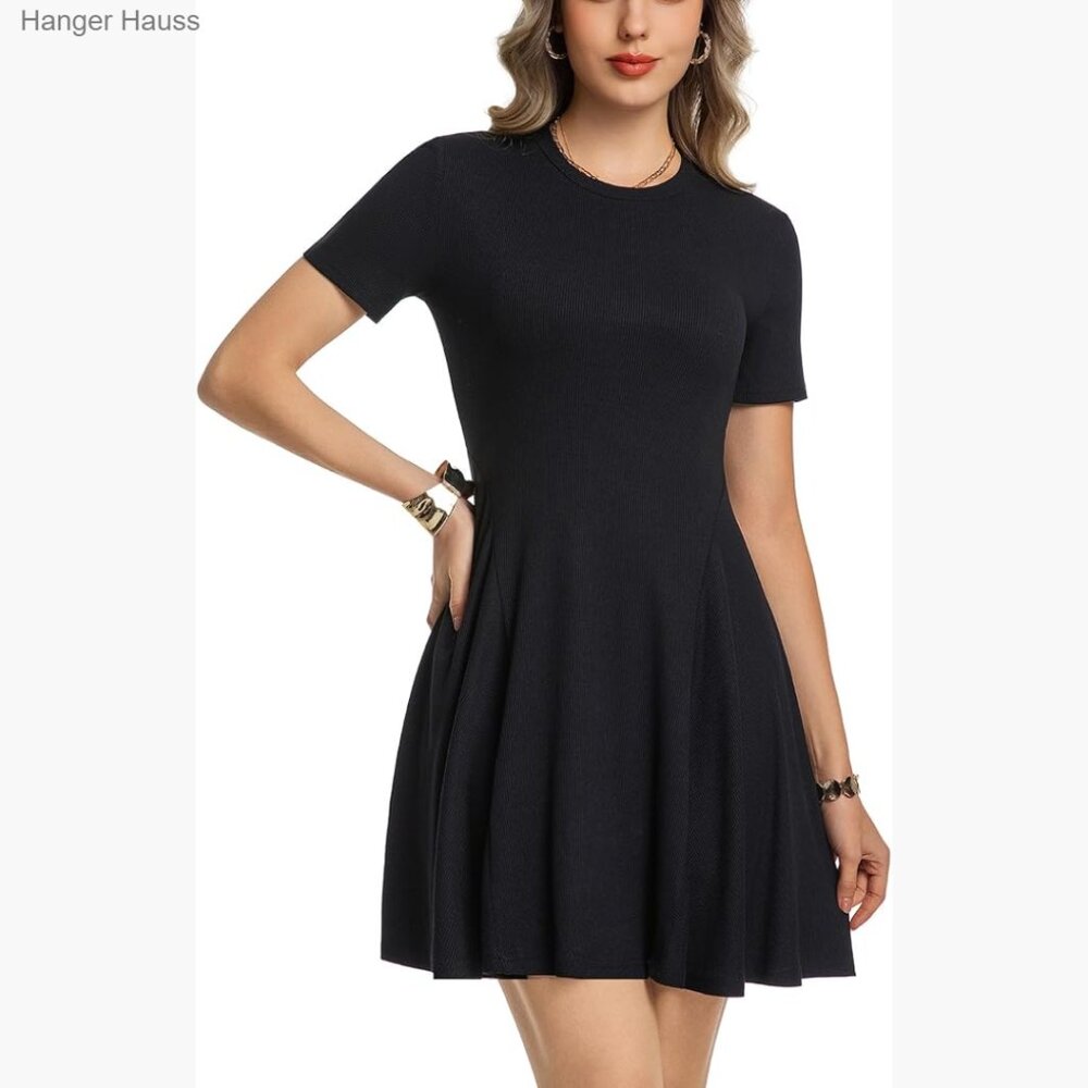 Short Sleeve A-Line Sundress with Crew Neck and Elastic Waist